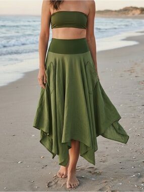 Donna M Large French Linen Moss Green Handkerchief Hem Maxi Skirt / Dress